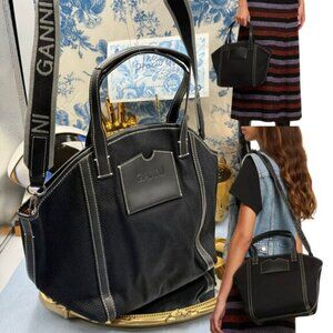 🆕 GANNI 🧿 NWT Small Banner Tote, Black Canvas & Black Leather